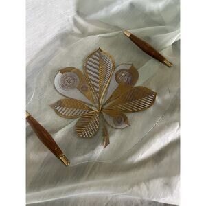 MCM Georges Briard Bent Textured Glass Chestnut Leaf Gold Serving Tray Wood